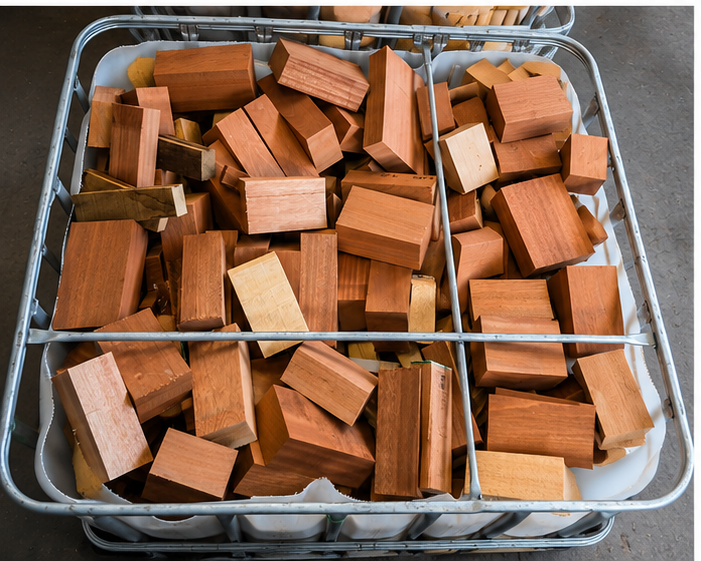 Meranti blokken in opslagcontainers